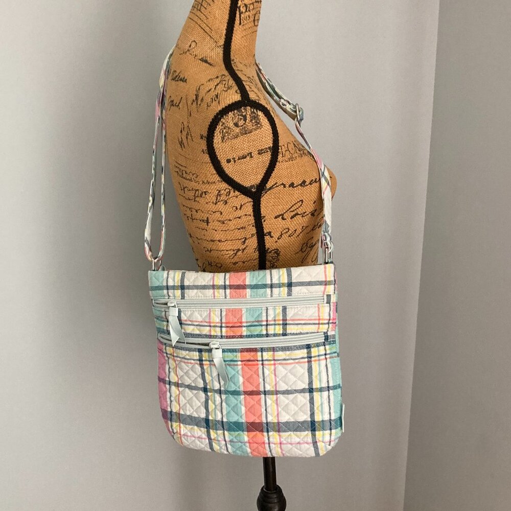 Vera Bradley Triple Zip Cross Body Bag Pastel Plaid EUC
